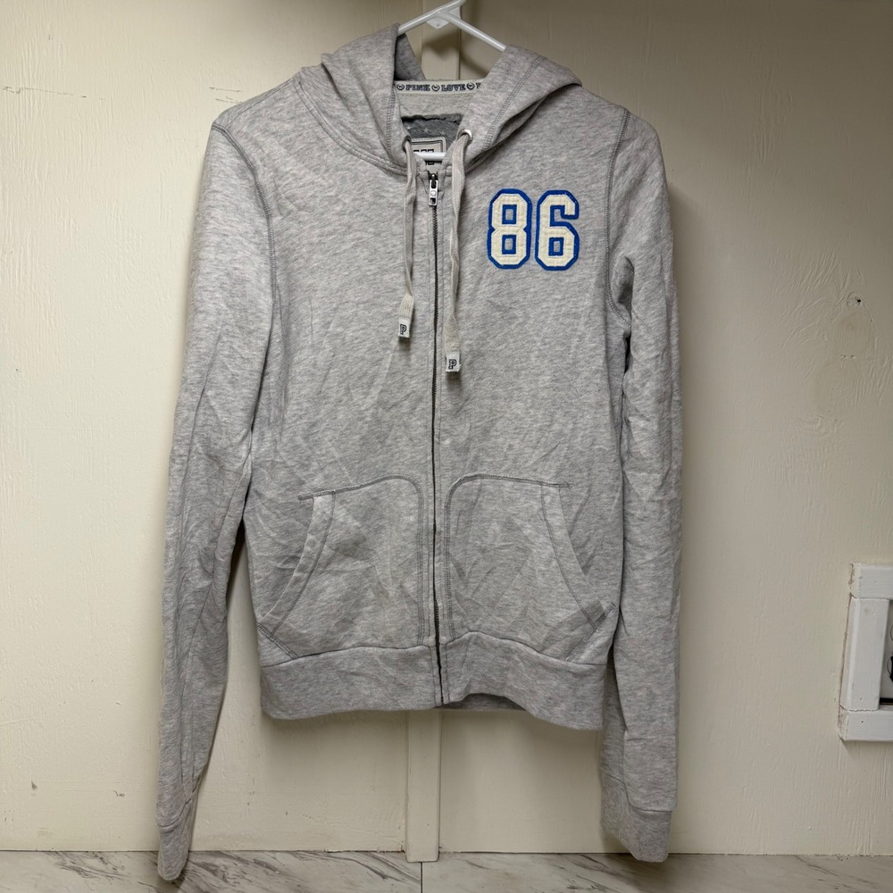 Victoria's Secret PINK Gray Full Zip Hoodie 86 Graphic Sweatshirt Large